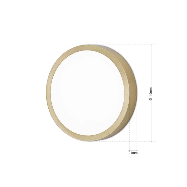 Runde Wandleuchte mit Durchmesser 140 Millimeter und einer Tiefe von 24 Millimeter.