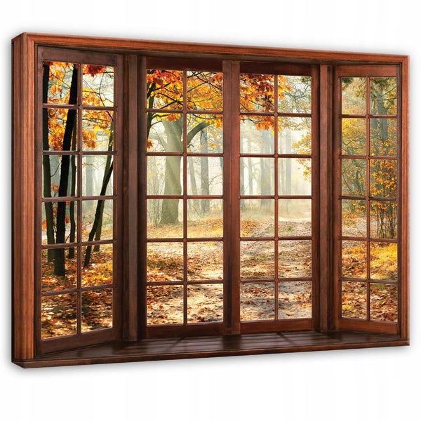Wandbild mit Fenster-Optik, zeigt einen herbstlichen Wald mit bunten Blättern durch einen dunklen Holzrahmen.