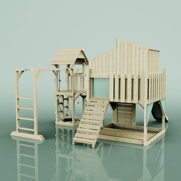 Holzspielplatz mit Rutsche, Kletterturm und Schaukel