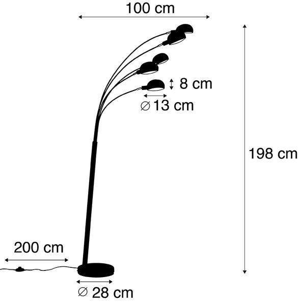 Abbildung einer Stehlampe mit den Maßen: Höhe 198 cm, Ausladung 100 cm, Kabellänge 200 cm, Lampenschirm Durchmesser 13 cm, Lampenschirm Höhe 8 cm, Fuß Durchmesser 28 cm