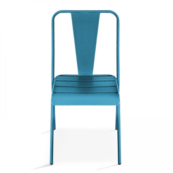 Blauer Metallstuhl im Industriestil mit Lamellensitz und hoher Rückenlehne.