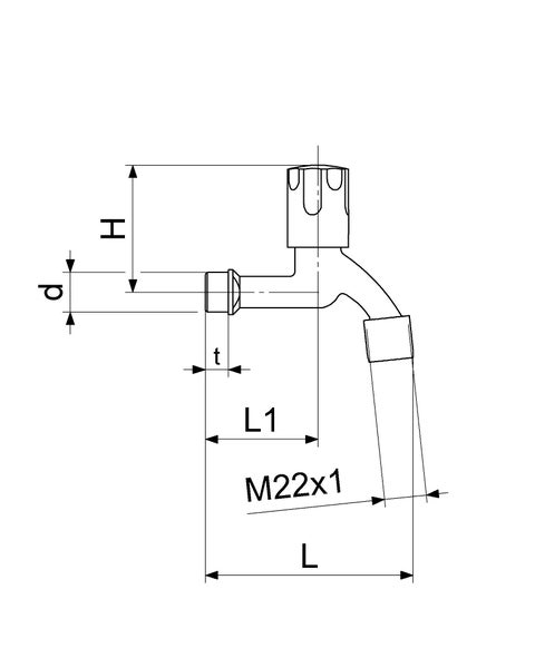 Technische Zeichnung eines Wasserhahns mit den Maßangaben H, d, t, L, L1 und Gewindemaß M22 mal 1.