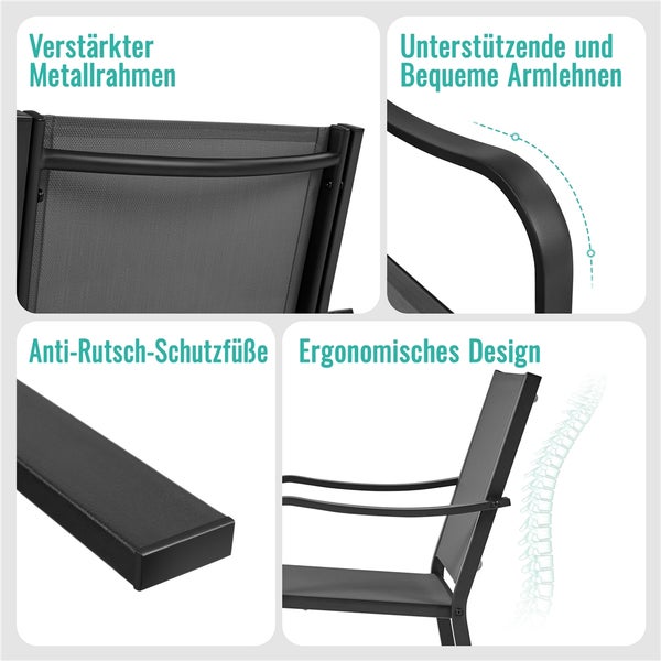 Details eines Gartenstuhls mit verstärktem Metallrahmen, bequemen Armlehnen, Anti-Rutsch-Füßen und ergonomischem Design für den Rücken.