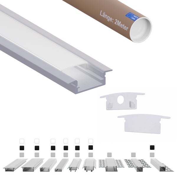 Einbauprofil für LED Streifen aus Aluminium mit Abdeckung in einer Schutzhülse mit 2 Meter Länge und Zubehörteilen wie Endkappen.