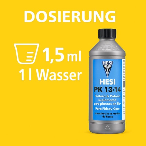 Dosierung von Hesi PK 13 14 Pflanzendünger: ein komma fünf Milliliter auf einen Liter Wasser.