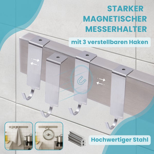 CHEFGASTRO Magnetleiste magnetische Messerleiste Messerhalter aus Stahl | HxBxT 4x40x1,6cm | Inkl. 3 silberne Haken | Silber | extra stark magnetischer Messerstreifen zum Kleben oder Schrauben