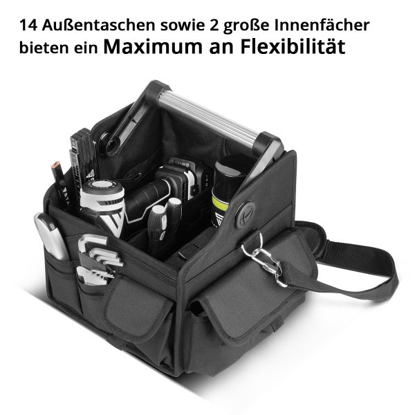 Werkzeugtasche mit 14 Außentaschen und 2 großen Innenfächern für maximale Flexibilität