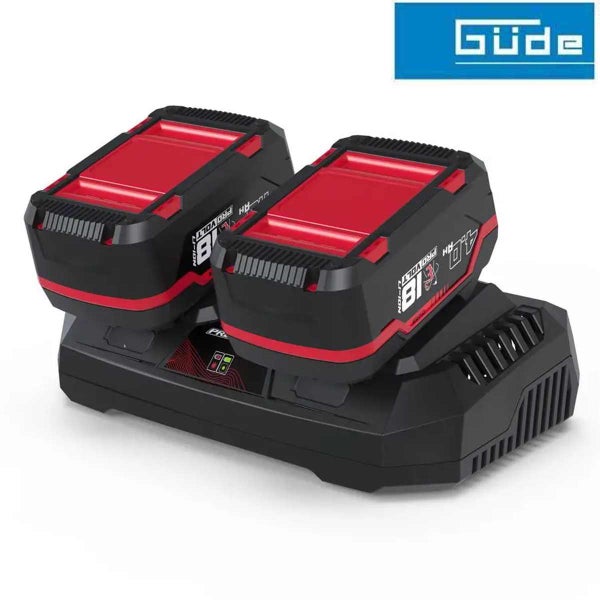 Güde Doppel-Ladegerät mit zwei 18 Volt Lithium-Ionen-Akkus mit jeweils 4,0 Amperestunden. Güde Logo.