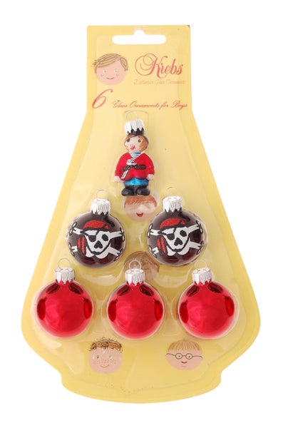 Rot / Schwarz 4cm Piraten-Glafigur und 5 Glaskugeln, handdekoriert (6), 6 Stck., Weihnachtsbaumkugeln, Christbaumschmuck, Weihnachtsbaumanhänger