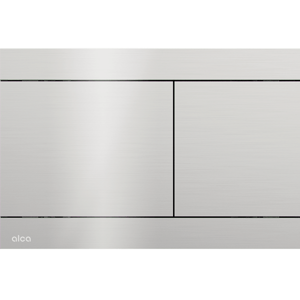 Alca WC-Betätigungsplatte aus gebürstetem Edelstahl mit Zwei-Mengen-Spülung und Alca Logo.
