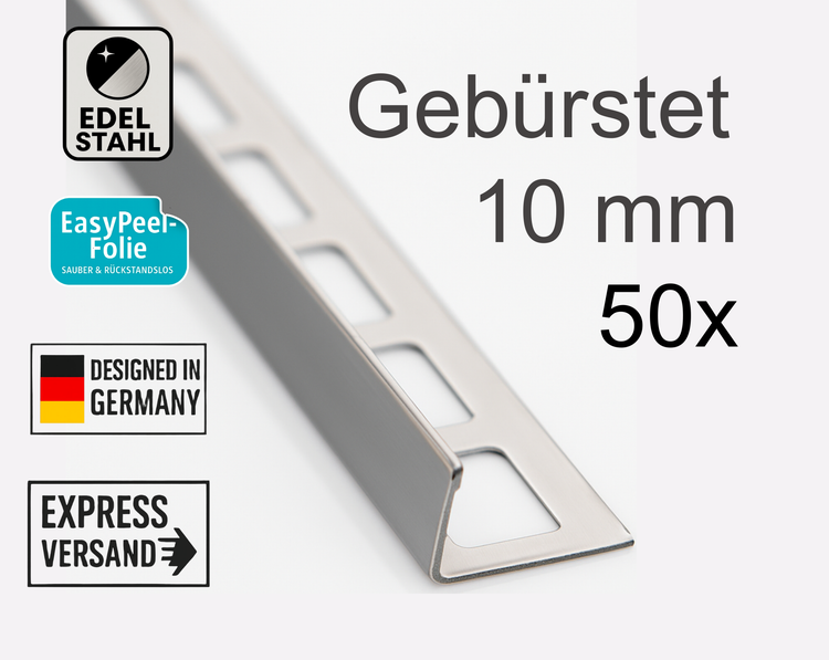 Gebürstete Edelstahl Fliesenschiene, 10 mm, 50 Stück