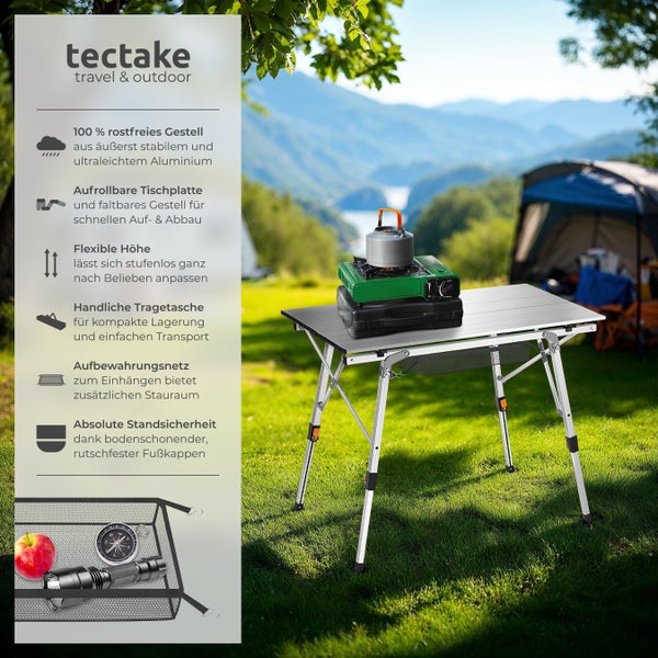 Campingtisch tectake Tina 90 x 52 x 47 - 70 cm faltbar silber