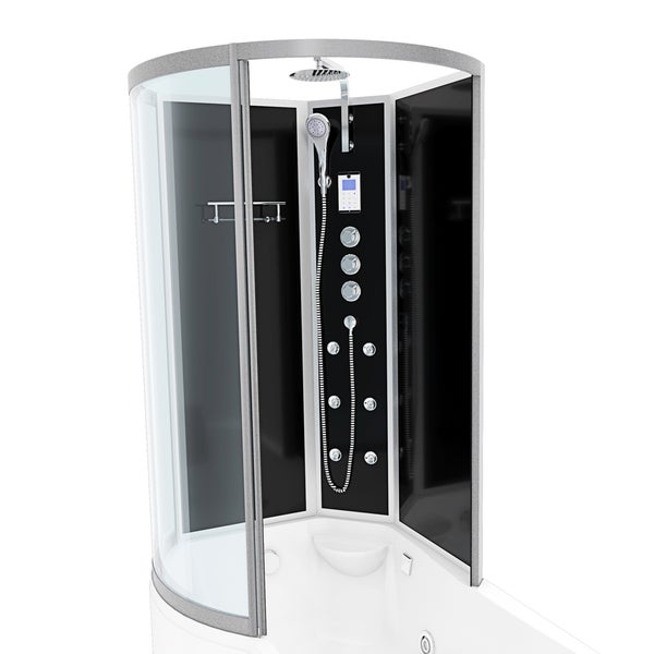 Moderne Duschkabine mit schwarzen Glasrückwänden, Glasschiebetüren, Massagedüsen, Handbrause, Regenduschkopf und digitaler Steuerung.