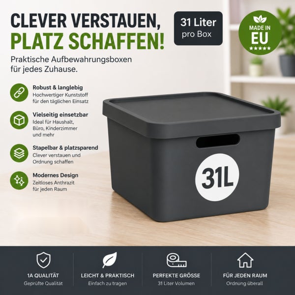 Stapelbare Aufbewahrungsbox aus Kunststoff mit 31 Liter Volumen, robust und vielseitig einsetzbar für Haushalt und Büro.
