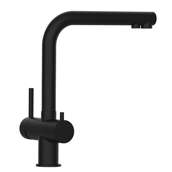 Schwarze Küchenarmatur in L-Form mit hohem Auslauf und zwei seitlichen Bedienhebeln in matter Optik.