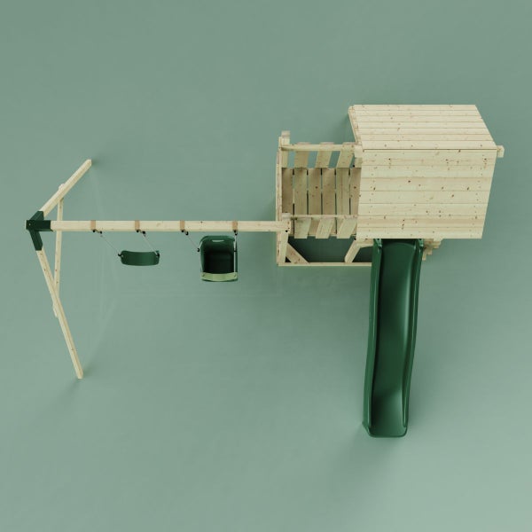 Spielturm mit Rutsche und Schaukel aus Holz, Vogelperspektive