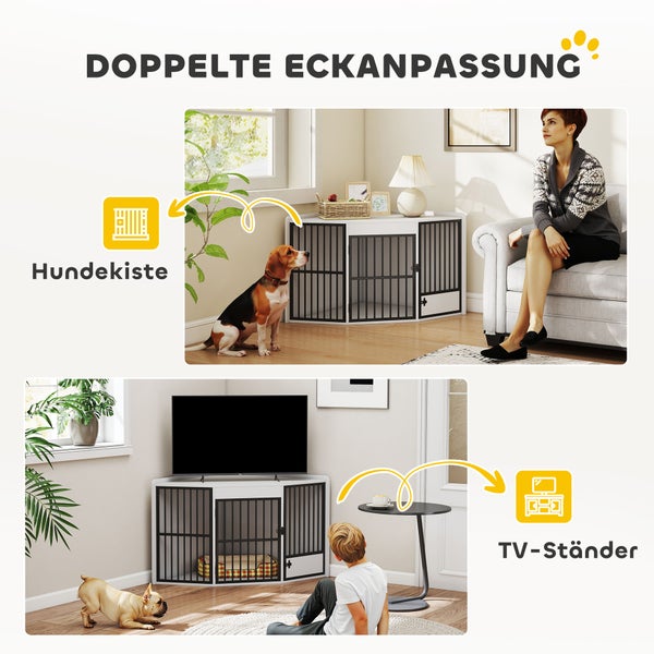 Multifunktionales Eckmöbel als Hundekiste und TV-Ständer in Weiß mit schwarzen Metallstäben im Wohnzimmer.