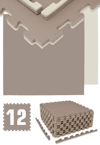 4.8qm Profi Fitnessmatte 2cm - 12er Set 63x63 Bodenschutzmatte für Fitnessgeräte Beige Braun