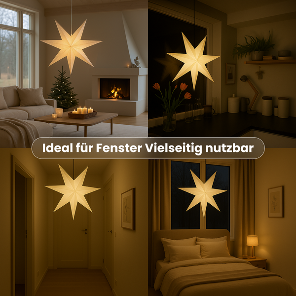 Mehrere Räume zeigen einen beleuchteten Papierstern, der an einer Schnur hängt.