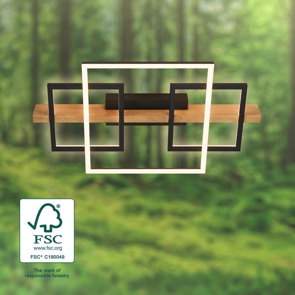 Briloner Cadre LED Deckenlampe, Indirektes Licht, 3 Stufen Schaltung, Holzdekor, Warmweißes Licht, Schwarz-Holz, 55 x 30 x 8 cm