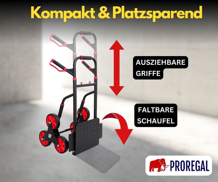 PROREGAL Klappbarer Profi-Treppensteiger TAURUS 250 HxBxT 115 x 52 x 63 cm Traglast 250 kg Stahlrahmen Ergonomische Griffe TPR-Gummiräder Rot-Schwarz