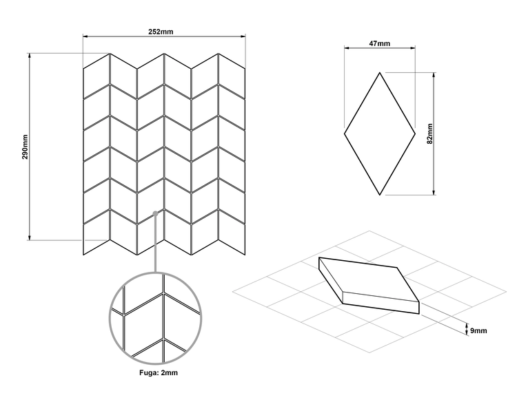 Technische Zeichnung einer Rauten-Mosaikmatte: Matte 290 mal 252 Millimeter, Mosaik 82 mal 47 Millimeter, Stärke 9 Millimeter, Fuge 2 Millimeter.