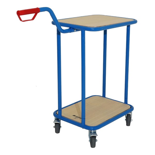 ProRegal Tischwagen mit zwei Holzböden, blauem Stahlrohrrahmen, rotem Griff und vier Lenkrollen für den Materialtransport.