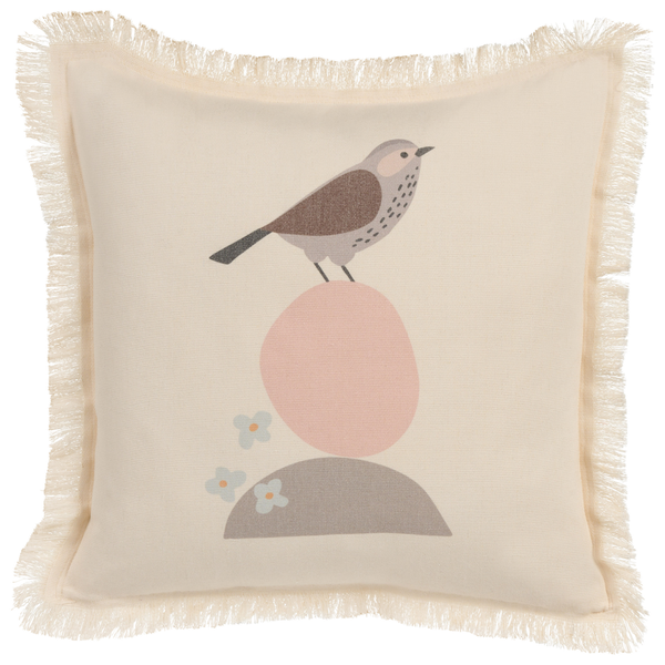 Cremefarbenes quadratisches Zierkissen mit Fransen, Vogelmotiv auf abstrakten Formen und kleinen Blumen.
