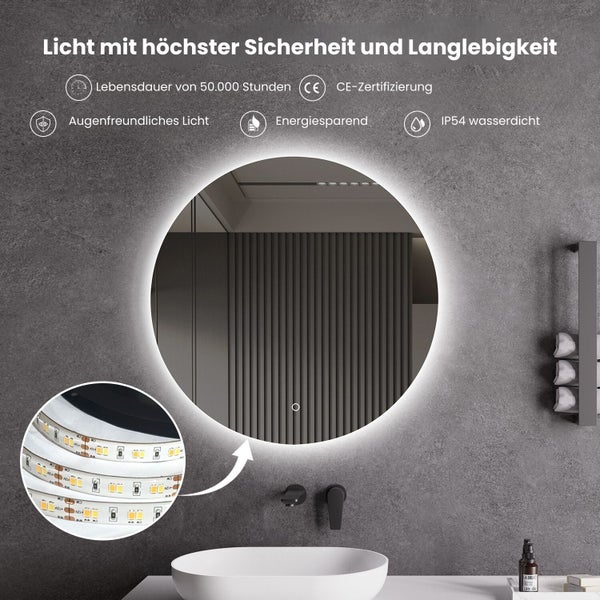 LED Spiegel Ø 60/80/100 cm mit Spiegelheizung Warm-/Kaltlichteinstellung Badspiegel