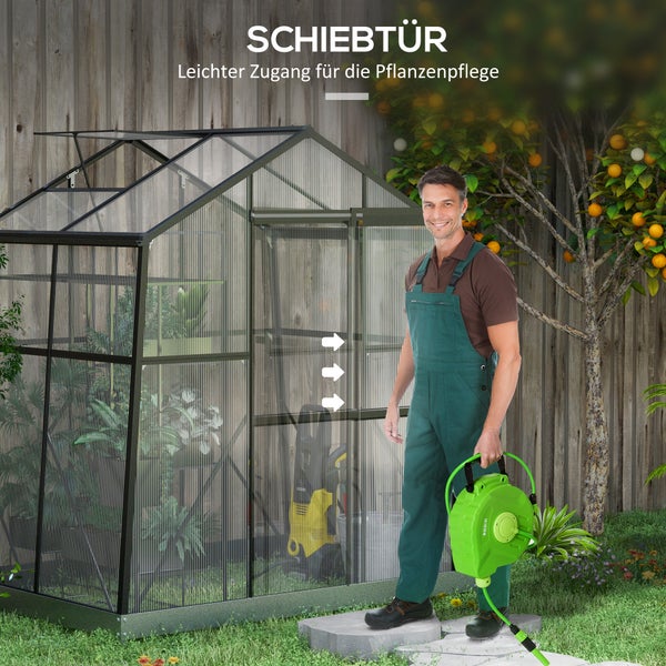 Outsunny Gewächshaus Aluminium 131 x 192 x 203 cm Treibhaus 2,51 m² Tomatenhaus mit Fenster, Schiebetür, Fundament, Aufzucht Pflanzenhaus für Garten, Balkon, Schwarz