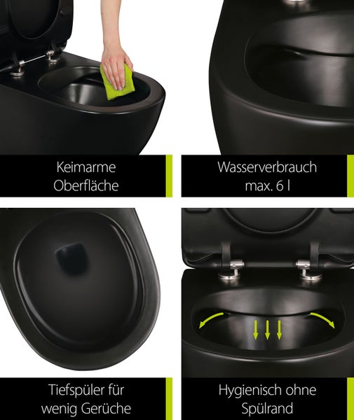 aquaSu® Spülrandloses Wand WC in matt schwarz, Tiefspüler, Inklusive WC-Sitz mit Absenkautomatik, Toilettendeckel aus Duroplast, Abgang waagerecht, Hänge WC zur Wandmontage, 048859