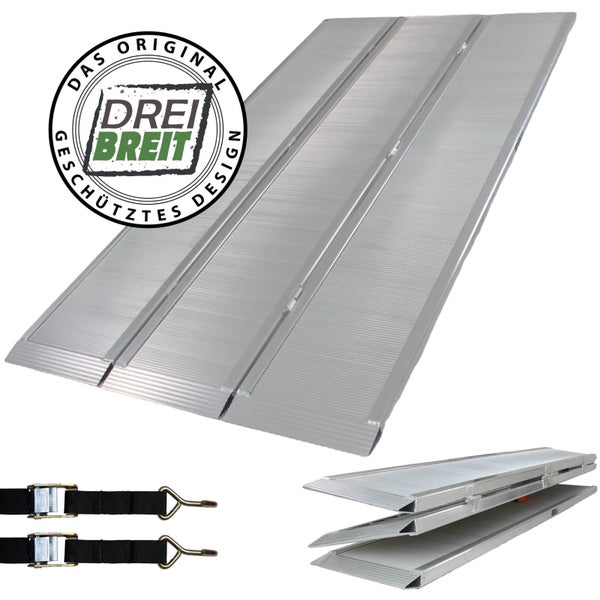 Dreiteilige, klappbare Auffahrrampe aus Aluminium mit Zurrgurten