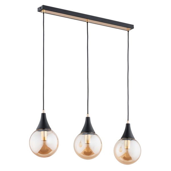Dreiflammige Pendelleuchte mit runden Glaskugeln an einer rechteckigen Deckenhalterung in modernem Design.