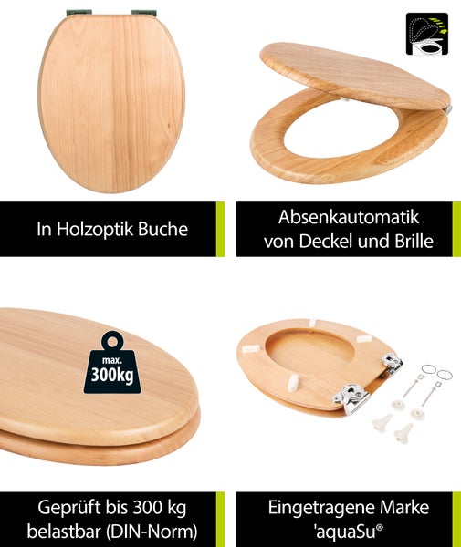 aquaSu® Holz WC-Sitz mit Absenkautomatik Venezia | Toilettendeckel in Buche | Holzkern Toilettensitz | Fast-Fix | Metallscharnier | Universale O-Form | Oval | Echtholzfurnier Buche | 403092