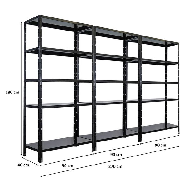 Metallregal mit fünf Ebenen und den Maßen 180 x 270 x 40 cm