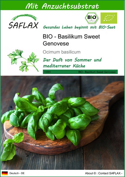 SAFLAX  - BIO - Basilikum Sweet Genovese - Ocimum basilicum - 800 Samen - Mit keimfreiem Anzuchtsubstrat