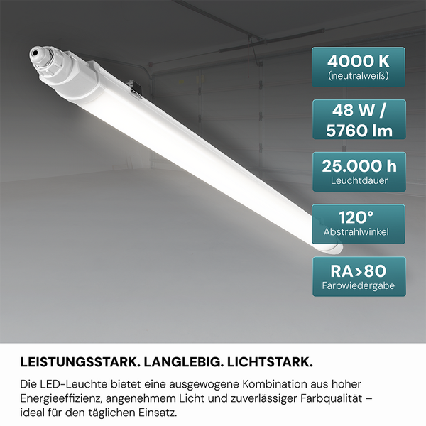 LUXULA LED Feuchtraumleuchte 150cm 48W 5760lm 4000K IP65 IK06 Durchschleifbar