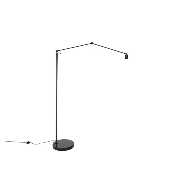 Schwarze Stehlampe mit verstellbarem Arm und rundem Fuß