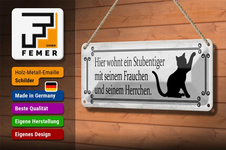 Blechschild Spruch 27x10cm Katze hier wohnt ein Stubentiger Dekoration