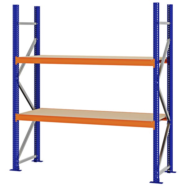 Schwerlastregal mit blauem Metallrahmen, orangefarbenen Traversen und zwei Holzböden.