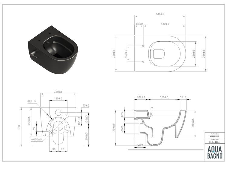 Aqua Bagno Taharet Dusch-WC S.9826.9913 – Spülrandlos – Bidetfunktion – Schwarz Matt