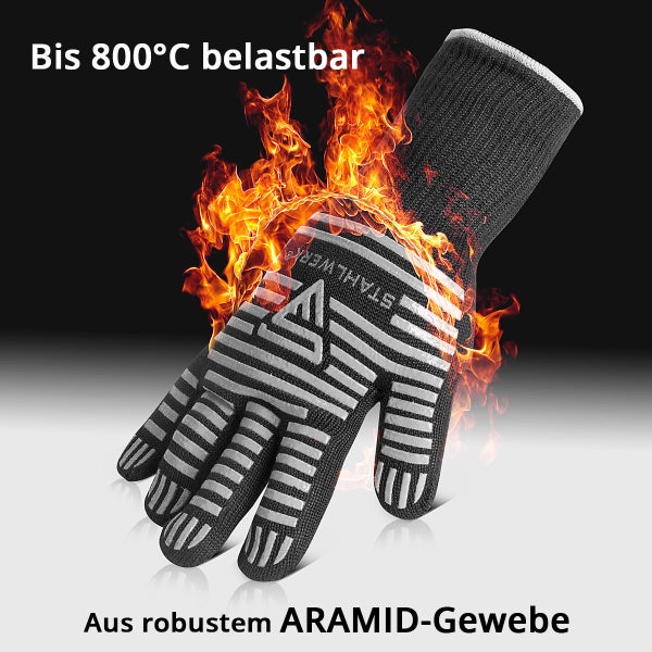 Schwarzer Stahlwerk Hitzeschutzhandschuh aus Aramid-Gewebe mit grauen Silikonstreifen, umgeben von Flammen, belastbar bis 800 Grad Celsius.