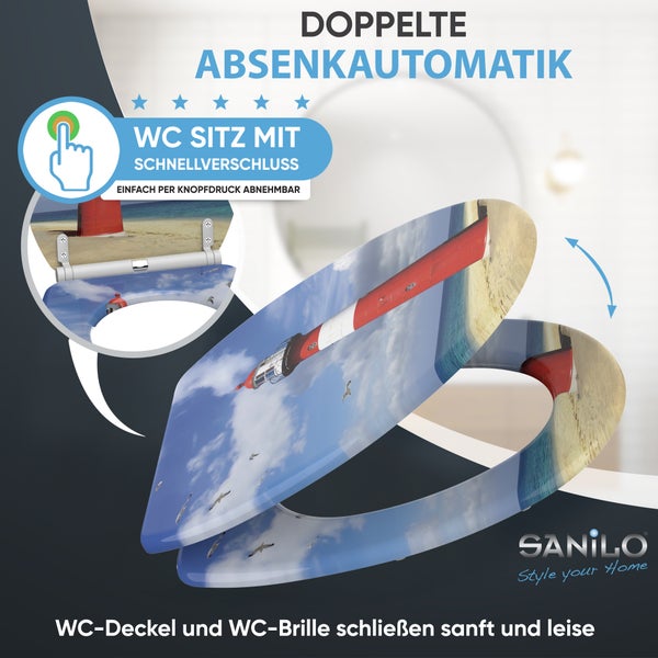 Sanilo WC-Sitz mit Leuchtturm-Motiv, doppelter Absenkautomatik für lautloses Schließen und Schnellverschluss zur einfachen Reinigung. Sanilo Logo.