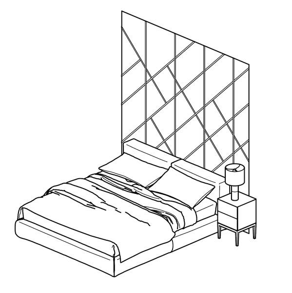 Skizze eines Schlafzimmers mit Bett, Nachttisch und Lampe