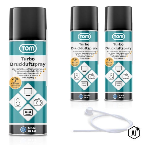 Drei Dosen TOM Turbo Druckluftspray zu 420 Milliliter mit Sprühschlauch für die kontaktlose Reinigung von Elektronik