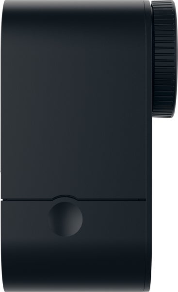 Seitenansicht eines mattschwarzen elektronischen Türschlosses aus Kunststoff mit strukturiertem Drehknopf und runder Taste.