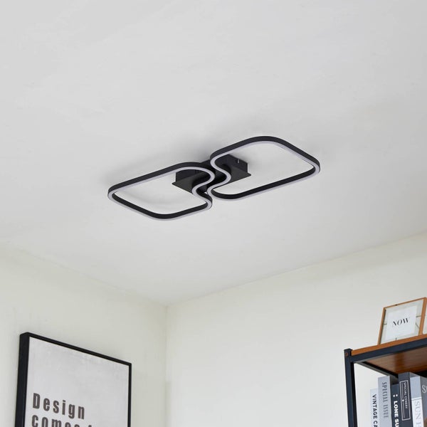 LED-Deckenleuchte in Schwarz mit zwei abgerundeten, ineinandergreifenden rechteckigen Rahmen.