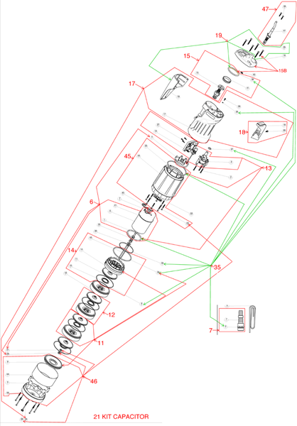 Explosionszeichnung für Ersatzteile mit nummerierten Komponenten wie Motor, Gehäuse und Dichtungsringen.