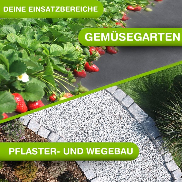 Anwendungsbereiche für Unkrautvlies im Gemüsegarten mit Erdbeeren und beim Bau von Wegen mit Kies sowie Pflastersteinen.