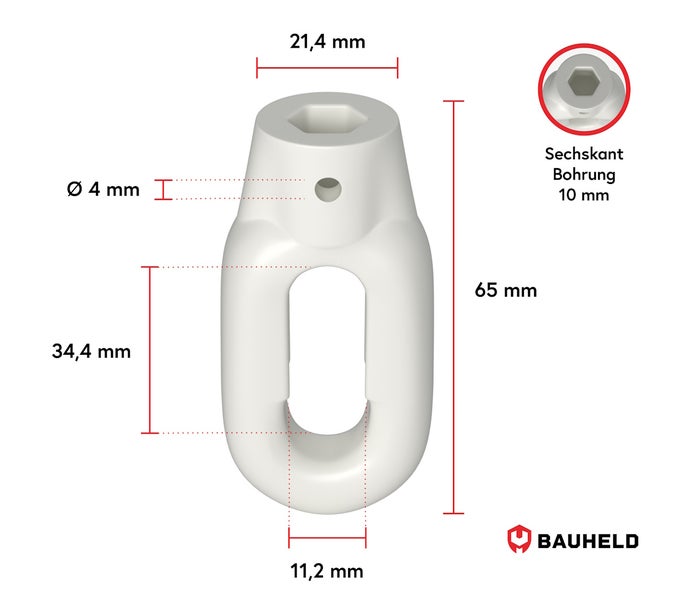 Produktzeichnung eines Sicherungselements mit Maßangaben und Bauheld Logo.